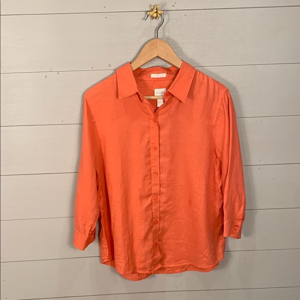 Coral pink/orange linen Button-Up Shirt 3/4 sleeves Chicos size 1 8/10